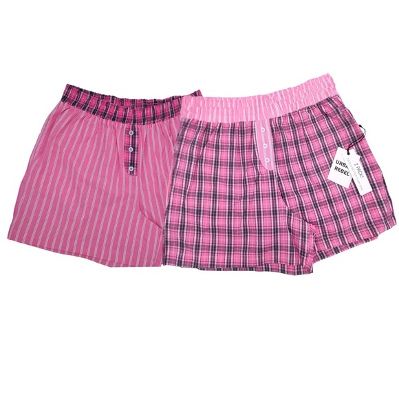 Other - 2 Cotton Sleep Shorts Womens (M) Pajama Boxer Pockets Pink Plaid & Pink Striped